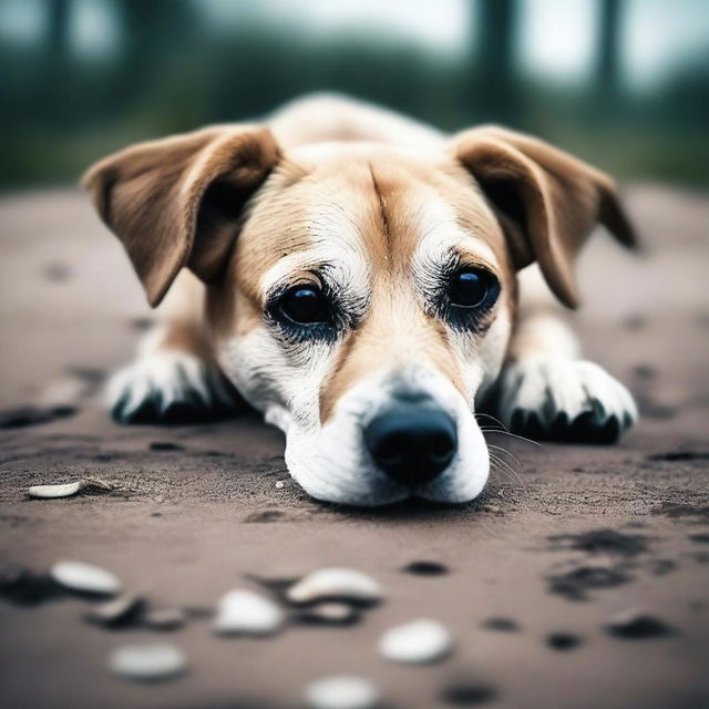 Una imagen de un perro abandonado y súper triste, representado con un estilo súper hiperrealista