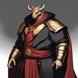 A comic art style depiction of an overweight gold dragonborn with red eyes wearing elegant black noble robes