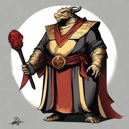 A comic art style depiction of an overweight gold dragonborn with red eyes wearing elegant black noble robes