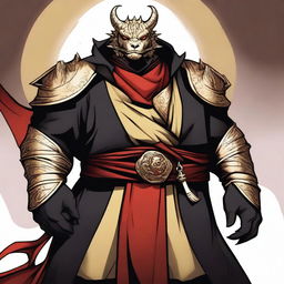 A comic art style depiction of an overweight gold dragonborn with red eyes wearing elegant black noble robes