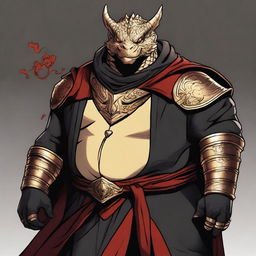 A comic art style depiction of an overweight gold dragonborn with red eyes wearing elegant black noble robes