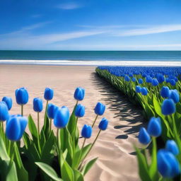 A beautiful beach scene with a clear blue sky and gentle waves