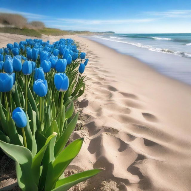 A beautiful beach scene with a clear blue sky and gentle waves