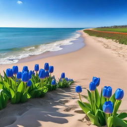 A beautiful beach scene with a clear blue sky and gentle waves