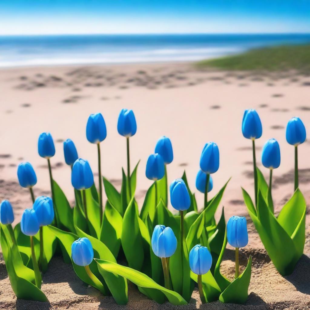 A serene beach scene with a clear blue sky and gentle waves in the background