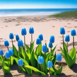 A serene beach scene with a clear blue sky and gentle waves in the background