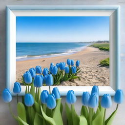 A serene beach scene with a clear blue sky and gentle waves in the background