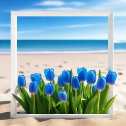 A serene beach scene with a clear blue sky and gentle waves in the background