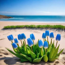 A picturesque beach scene with a clear blue sky and gentle waves in the background