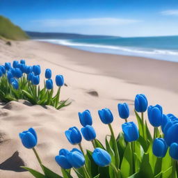 A picturesque beach scene with a clear blue sky and gentle waves in the background