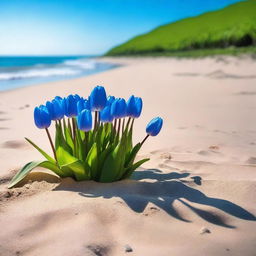 A picturesque beach scene with a clear blue sky and gentle waves in the background