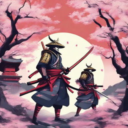 A captivating Instagram post featuring samurais in a traditional Japanese art style