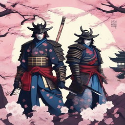 A captivating Instagram post featuring samurais in a traditional Japanese art style