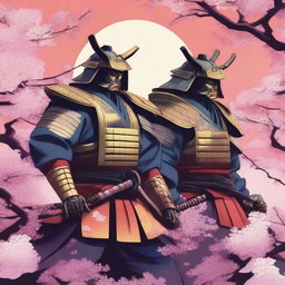 A captivating Instagram post featuring samurais in a traditional Japanese art style