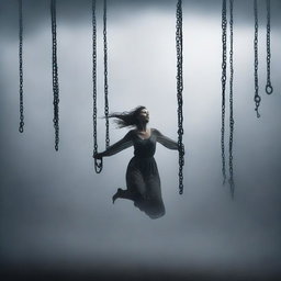 A woman floating in the air, bound by chains