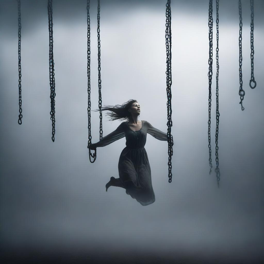A woman floating in the air, bound by chains