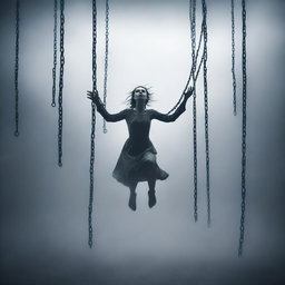 A woman floating in the air, bound by chains