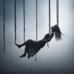 A woman floating in the air, bound by chains