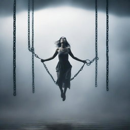 A woman floating in the air, bound by chains