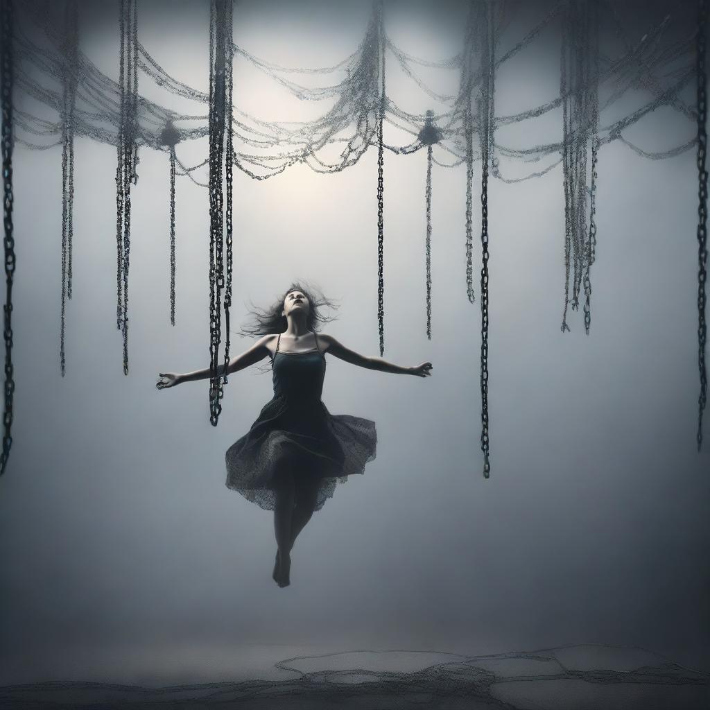 A woman floating in the air, bound by numerous chains