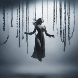 A woman floating in the air, bound by numerous chains