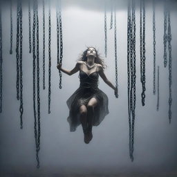 A woman floating in the air, bound by numerous chains