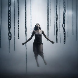 A woman floating in the air, bound by numerous chains