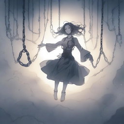 A woman floating in the air, bound by chains, drawn in anime style