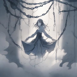 A woman floating in the air, bound by chains, drawn in anime style