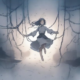 A woman floating in the air, bound by chains, drawn in anime style