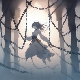 A woman floating in the air, bound by chains, drawn in anime style
