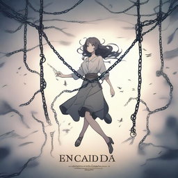A woman floating in the air, bound by chains, drawn in anime style