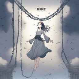 A woman floating in the air, bound by chains, drawn in anime style