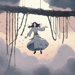 A woman floating in the air, bound by chains, drawn in anime style