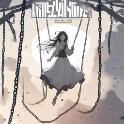 A woman floating in the air, bound by chains, drawn in anime style