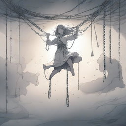 A woman floating in the air, bound by chains, drawn in anime style