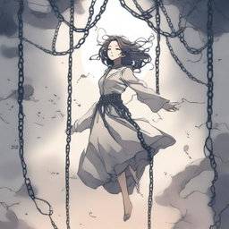 A woman floating in the air, bound by chains, drawn in anime style