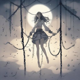 A woman floating in the air, bound by chains, drawn in anime style
