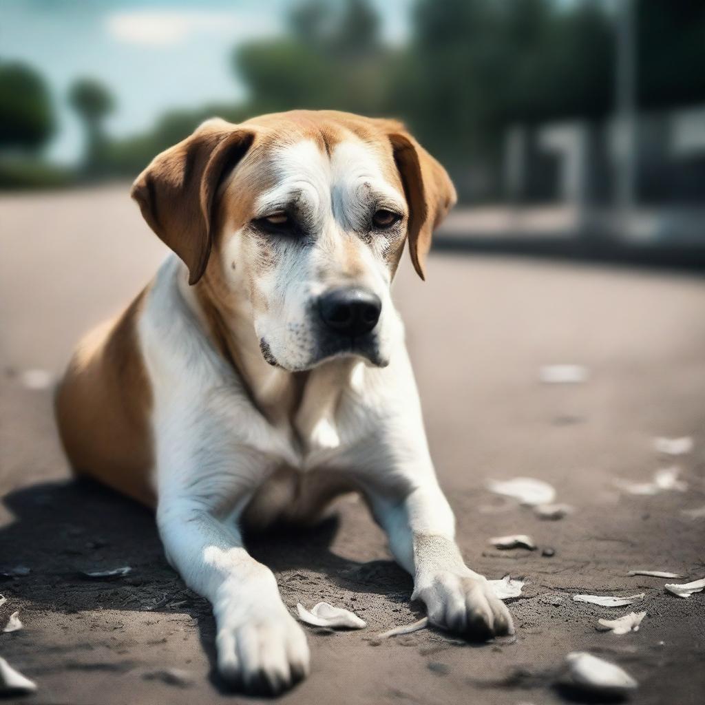 Una imagen de un perro abandonado y súper triste, parado y representado con un estilo súper hiperrealista