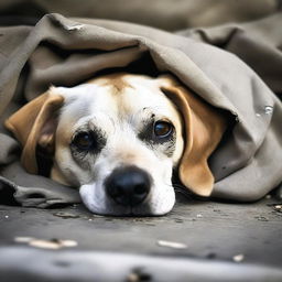 Una imagen de un perro abandonado y súper triste, parado y representado con un estilo súper hiperrealista