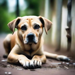 Una imagen de un perro abandonado y súper triste, parado y representado con un estilo súper hiperrealista