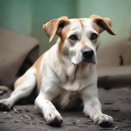 Una imagen de un perro abandonado y súper triste, parado y representado con un estilo súper hiperrealista