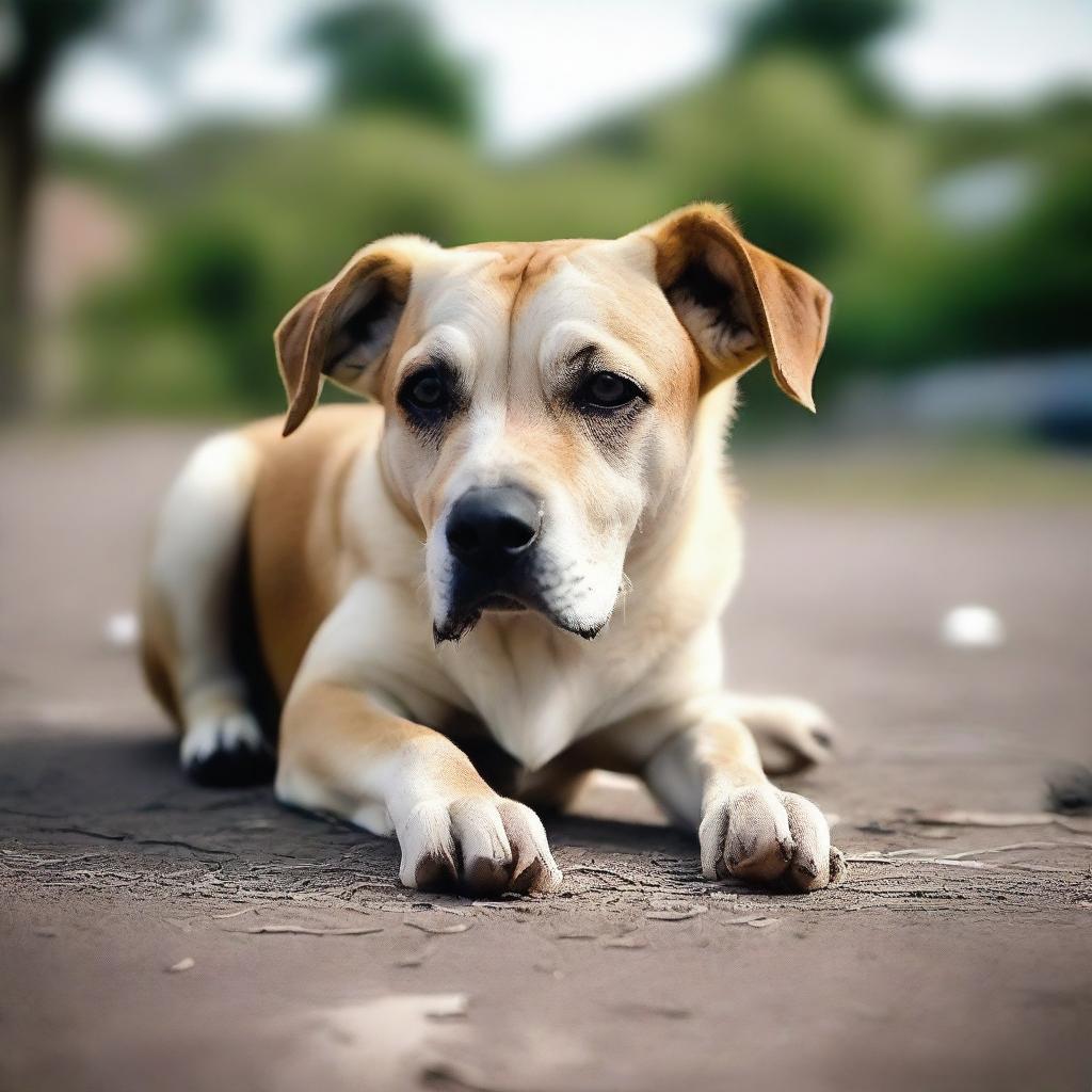 Una imagen de un perro grande, abandonado y súper triste, parado y representado con un estilo súper hiperrealista