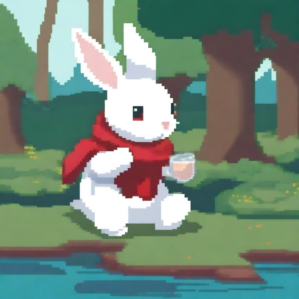A white bunny with a red scarf from the game Tsuki Odyssey is drinking mate