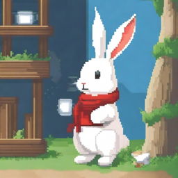 A white bunny with a red scarf from the game Tsuki Odyssey is drinking mate