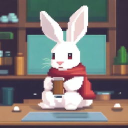 A white bunny with a red scarf from the game Tsuki Odyssey is drinking mate