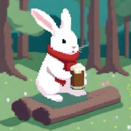 A white bunny with a red scarf from the game Tsuki Odyssey is drinking mate