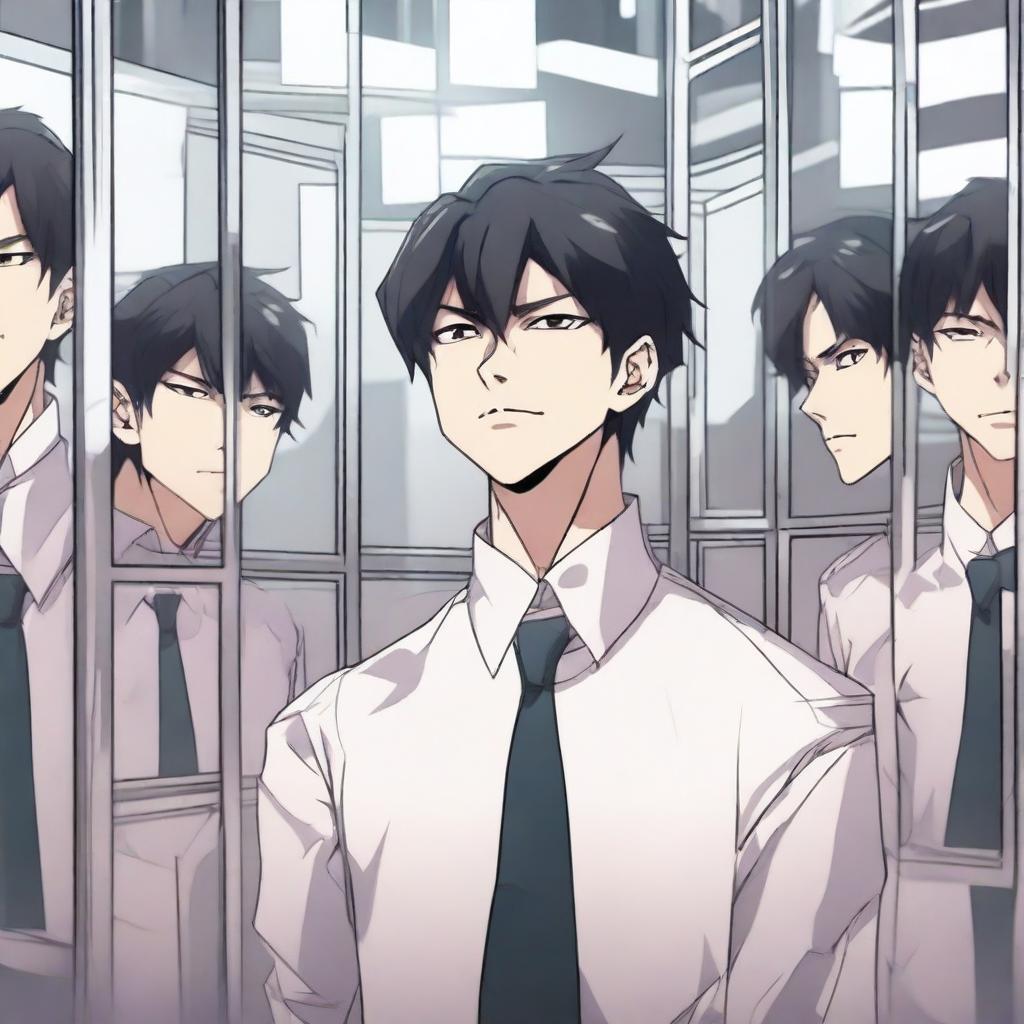 An anime-style man surrounded by multiple mirrors