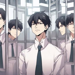 An anime-style man surrounded by multiple mirrors