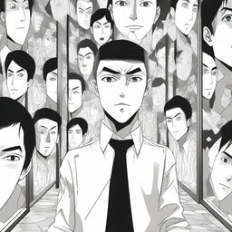 An anime-style man surrounded by multiple mirrors